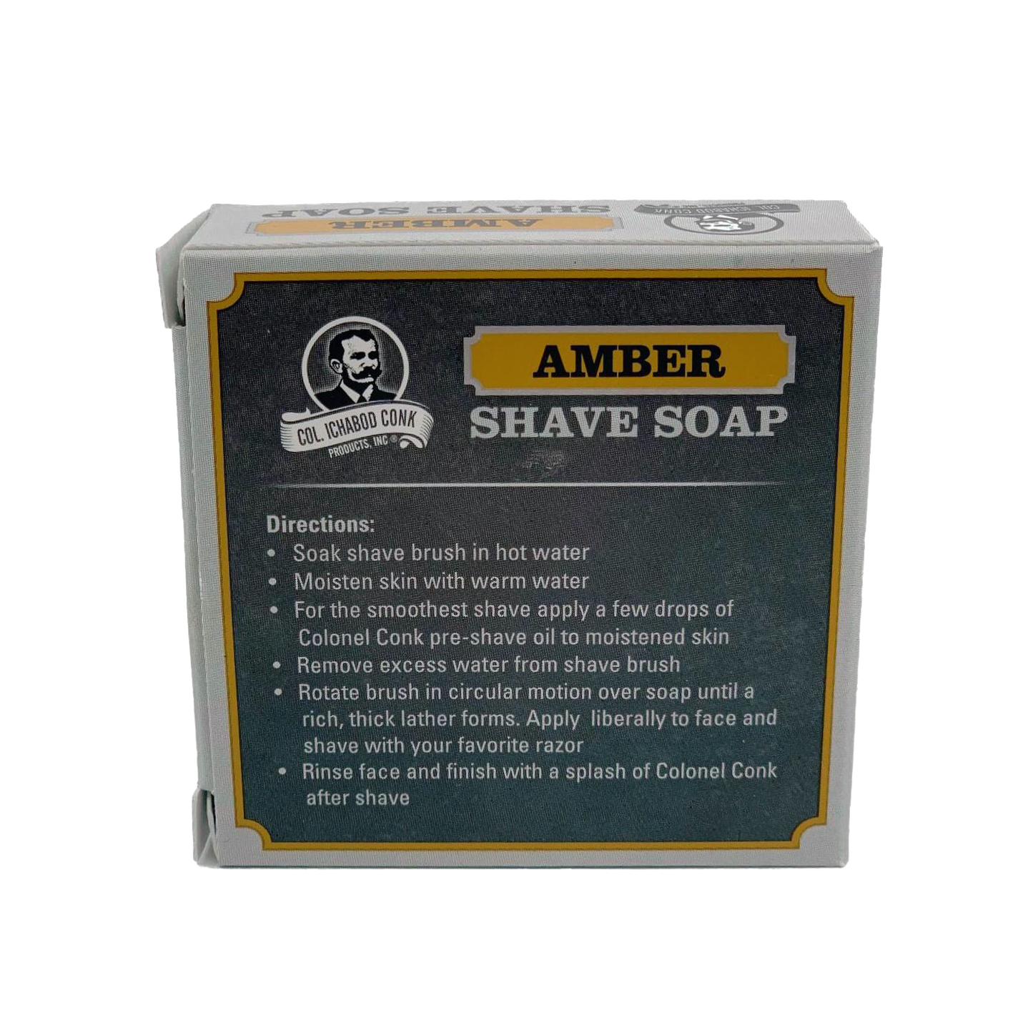Amber-scented shaving soap packaged in a small box with usage directions, featured in Health & Wellness, Grooming and Personal Hygiene, Soaps and Soapmaking, USA Made, Best Sellers, and Promo Eligible collections.
