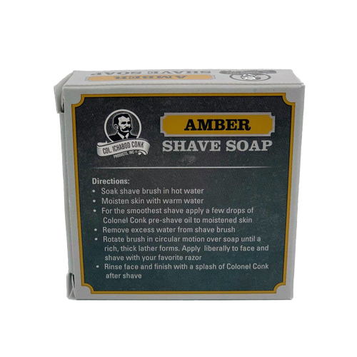 Amber-scented shaving soap packaged in a small box with usage directions, featured in Health & Wellness, Grooming and Personal Hygiene, Soaps and Soapmaking, USA Made, Best Sellers, and Promo Eligible collections.