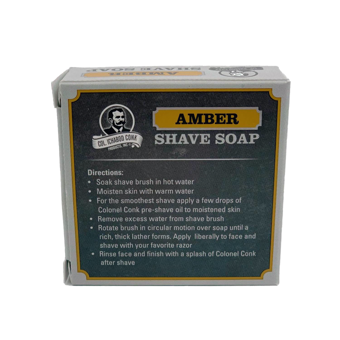 Amber-scented shaving soap packaged in a small box with usage directions, featured in Health & Wellness, Grooming and Personal Hygiene, Soaps and Soapmaking, USA Made, Best Sellers, and Promo Eligible collections.
