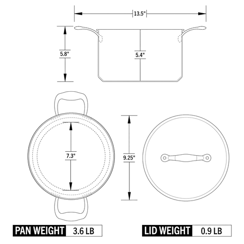 Technical drawing of a fully clad 5-quart sauce pot including top, side, and lid views, showing detailed dimensions and weight specifications for Kitchen & Food cookware collections.