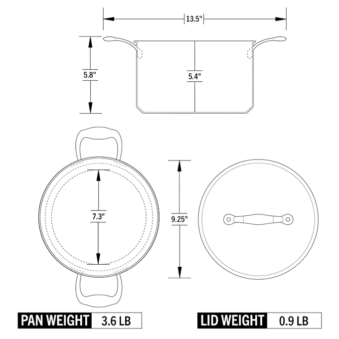 Technical drawing of a fully clad 5-quart sauce pot including top, side, and lid views, showing detailed dimensions and weight specifications for Kitchen & Food cookware collections.