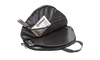 Black round transport bag with spacious interior, mesh pocket, and durable handles, designed for secure packing of griddles and fire bowls, perfect for camping, farm, and garden use.