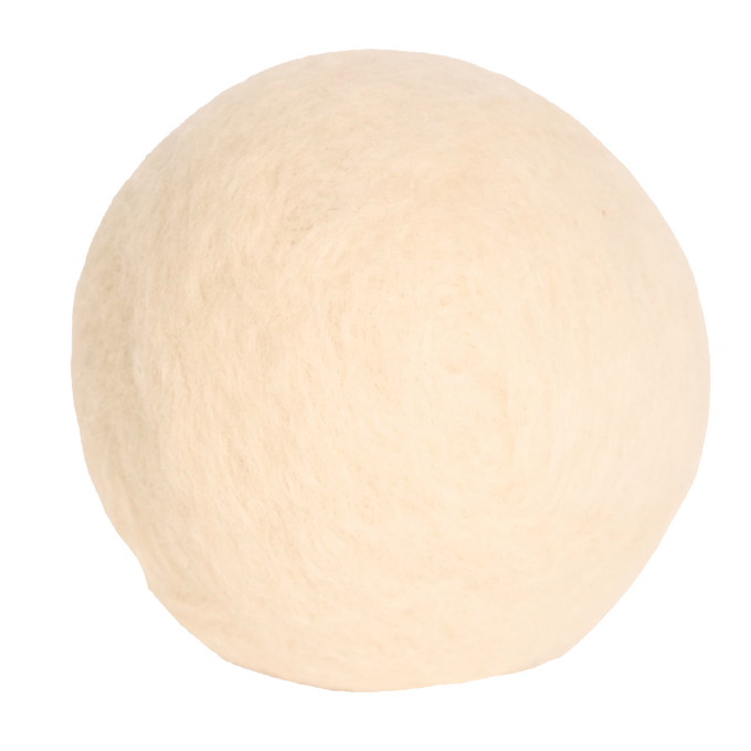 Single natural wool dryer ball in a soft cream color, handcrafted for repeated use, featured in Home & Decor and Laundry Supplies collections with USA made quality.