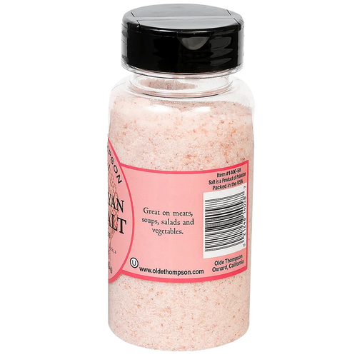 Clear plastic bottle filled with finely ground pink salt, featuring a black flip-top lid and a pink label with product information, part of Kitchen & Food and Pantry collections.