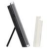 Side profile of a digital indoor/outdoor thermometer and barometer with a slim black main unit supported by a stand and a smaller white wireless sensor, ideal for home use in Home & Decor collections.