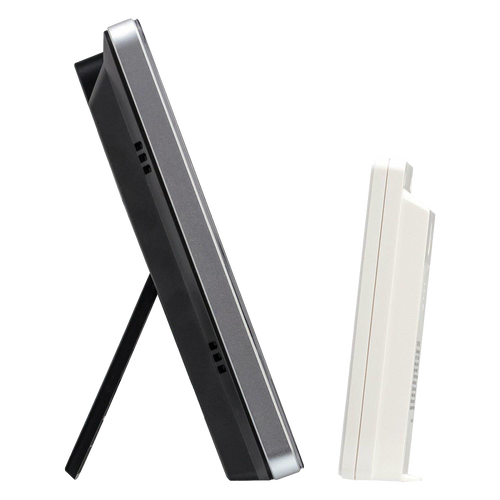 Side profile of a digital indoor/outdoor thermometer and barometer with a slim black main unit supported by a stand and a smaller white wireless sensor, ideal for home use in Home & Decor collections.