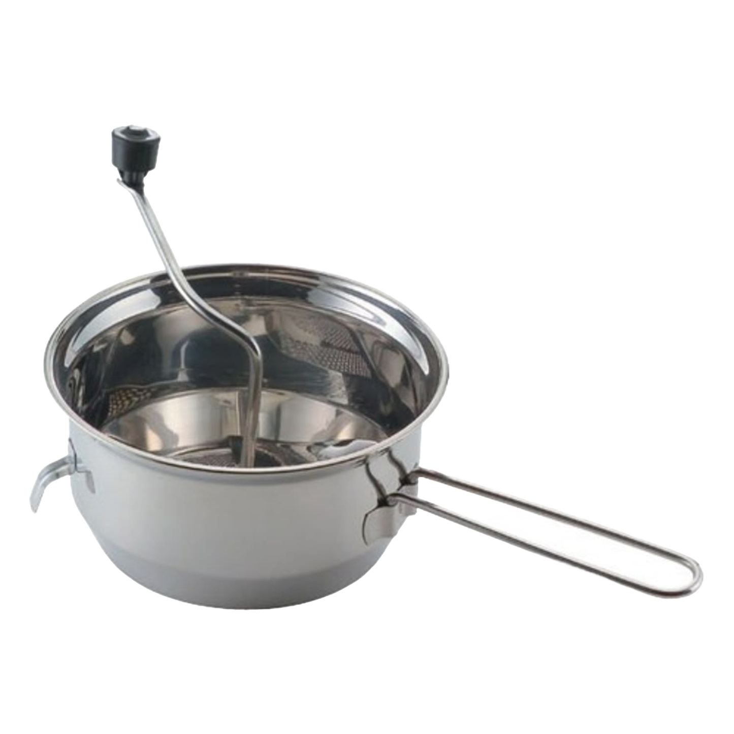 Stainless steel food mill with long handle, hand crank, and hooks to hold it steady on bowls, ideal for pureeing fruits and vegetables in Farm, Garden & Tool and Kitchen & Food collections.