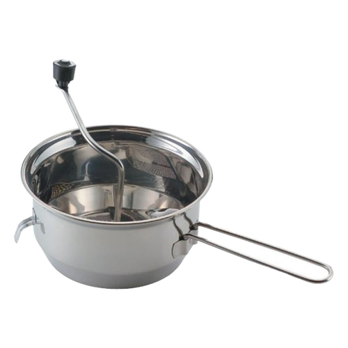 Stainless steel food mill with long handle, hand crank, and hooks to hold it steady on bowls, ideal for pureeing fruits and vegetables in Farm, Garden & Tool and Kitchen & Food collections.