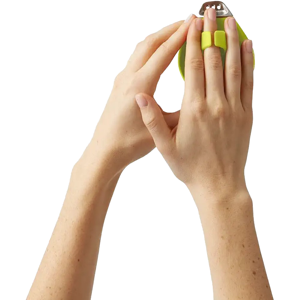 Hands demonstrating use of a green ergonomic citrus zester with finger grips for a comfortable fit, ideal for Kitchen & Food, Kitchen Gadgets, and Cooking and Baking Helpers collections.
