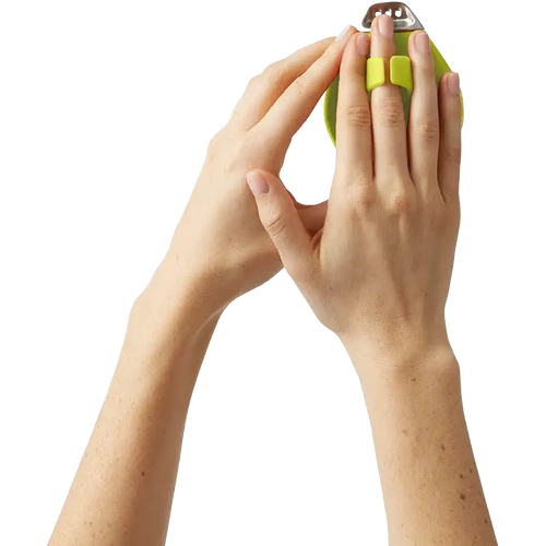 Hands demonstrating use of a green ergonomic citrus zester with finger grips for a comfortable fit, ideal for Kitchen & Food, Kitchen Gadgets, and Cooking and Baking Helpers collections.
