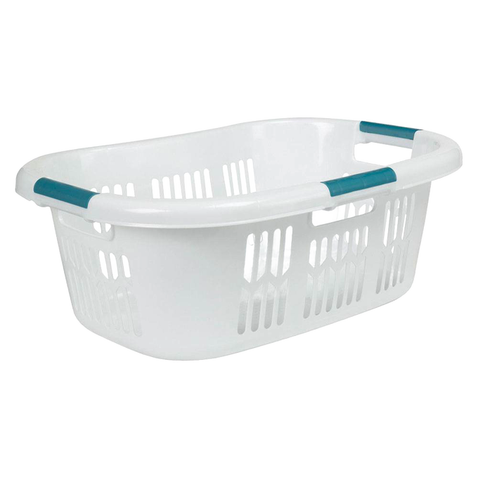 White plastic laundry basket with ventilated sides and teal grip handles, designed for comfortable carrying and ease of use in laundry tasks, made in USA and featured in home and laundry supplies collections.