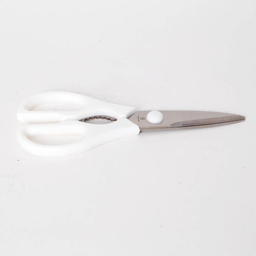 Kitchen scissors featuring stainless steel blades and white ergonomic handles, designed for versatile food prep tasks, suitable for Kitchen & Food and Food Prep collections.