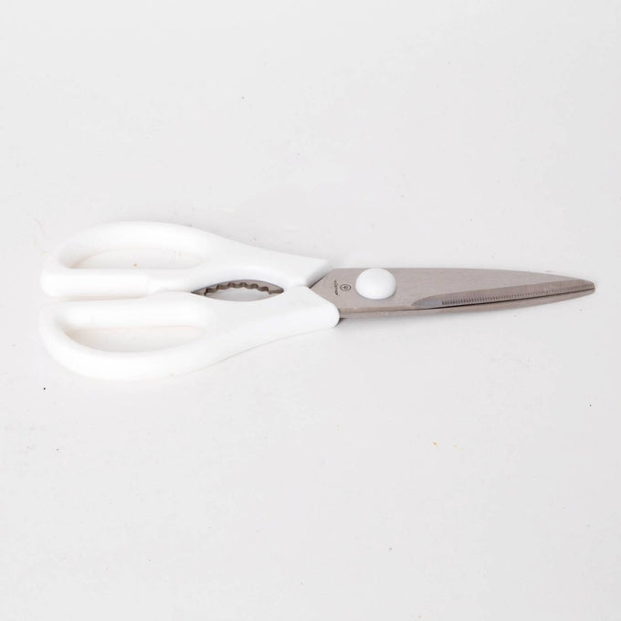 Kitchen scissors featuring stainless steel blades and white ergonomic handles, designed for versatile food prep tasks, suitable for Kitchen & Food and Food Prep collections.