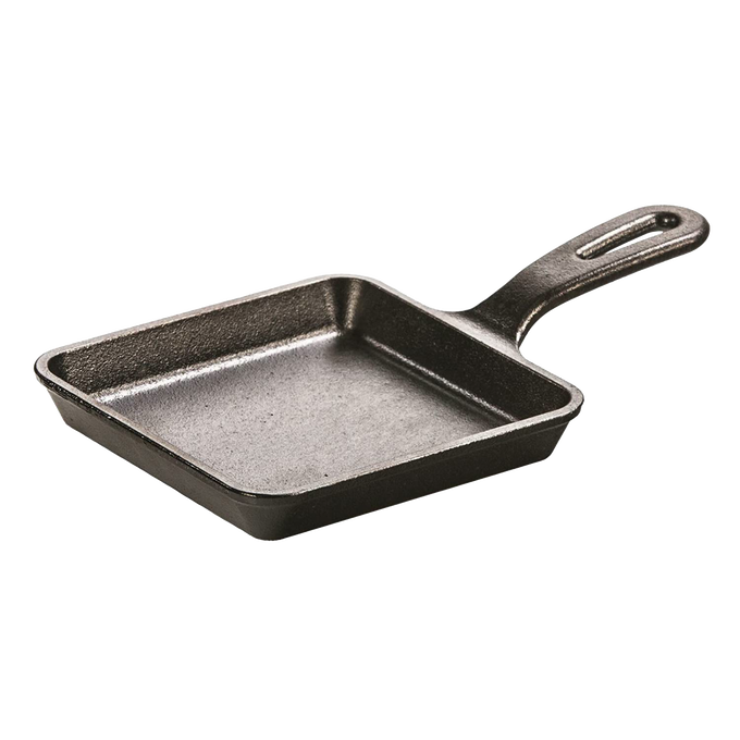 5-inch square cast iron skillet with a long handle, made in USA, handcrafted for versatile cooking in Kitchen & Food, Camping, Cast Iron, and Farm, Garden & Tool collections.