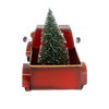 Vintage-style red metal truck with a miniature green Christmas tree in its bed, featuring battery-operated lights, perfect for Home & Decor and Holiday Decor collections.