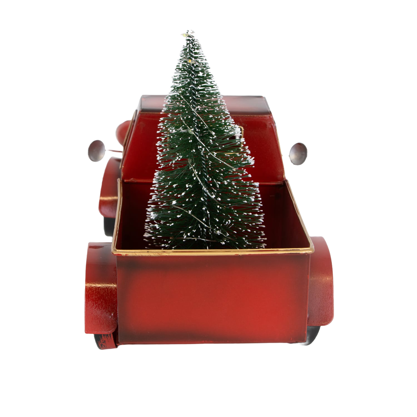 Vintage-style red metal truck with a miniature green Christmas tree in its bed, featuring battery-operated lights, perfect for Home & Decor and Holiday Decor collections.