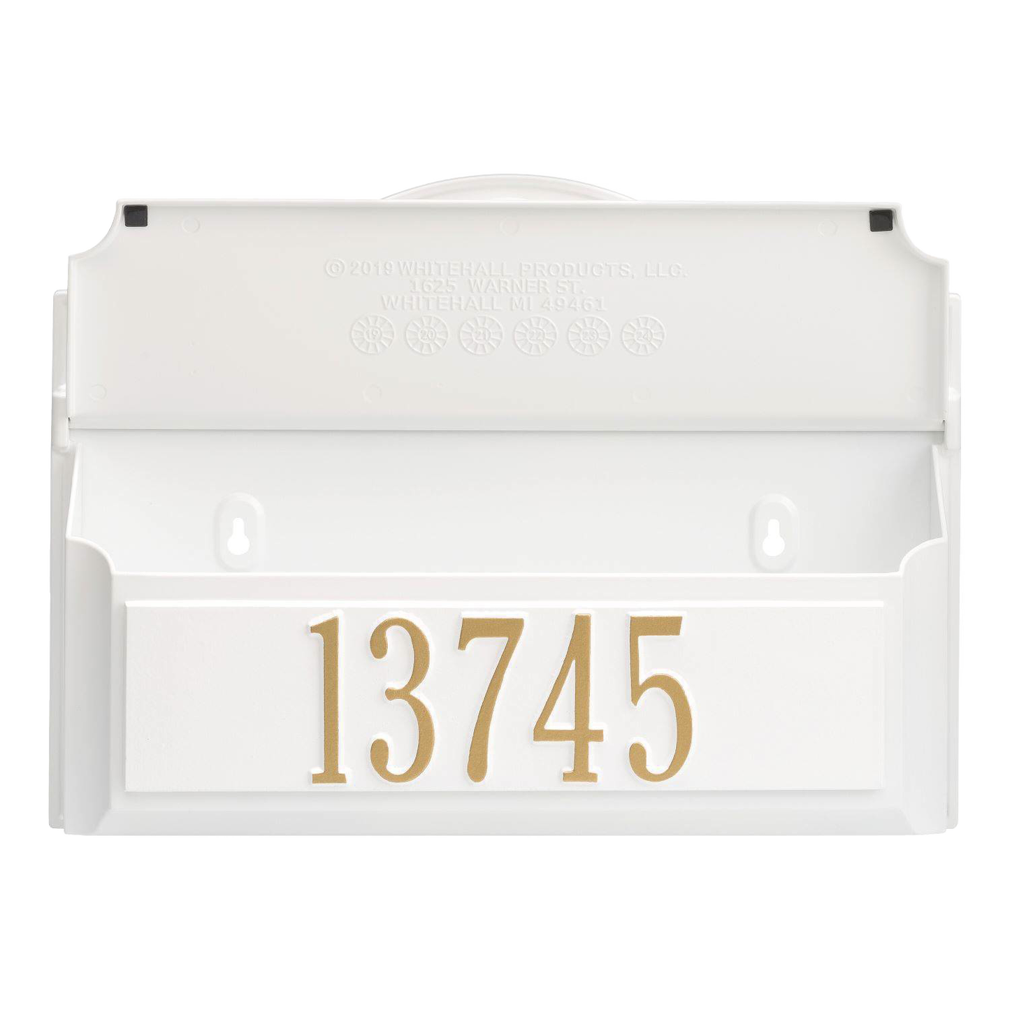 Handcrafted white and gold wall mount mailbox featuring a prominent house number, made in USA, designed to enhance curb appeal, suitable for Home & Decor and Mailboxes collections.