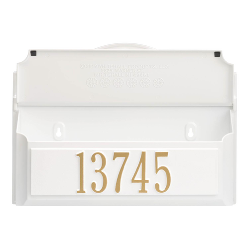 Handcrafted white and gold wall mount mailbox featuring a prominent house number, made in USA, designed to enhance curb appeal, suitable for Home & Decor and Mailboxes collections.