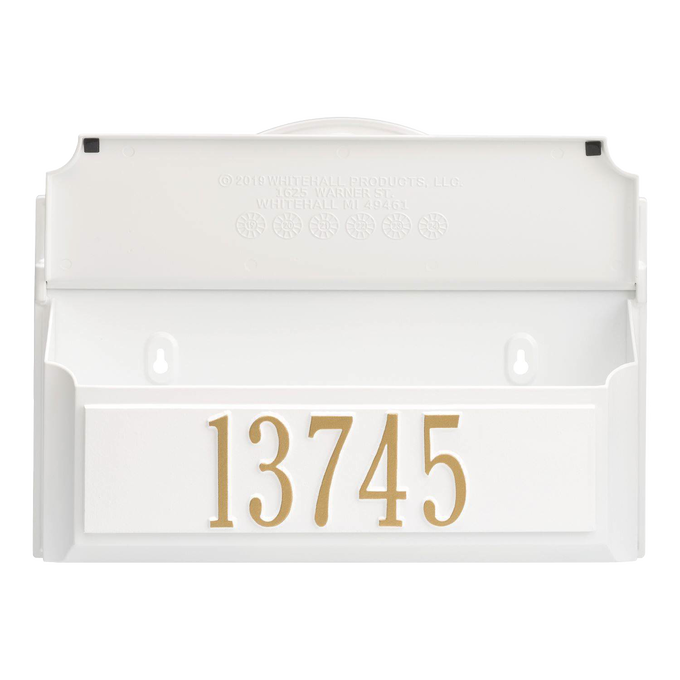 Handcrafted white and gold wall mount mailbox featuring a prominent house number, made in USA, designed to enhance curb appeal, suitable for Home & Decor and Mailboxes collections.