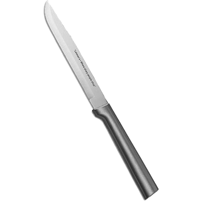 Handcrafted Rada Steak/Utility Knife with a high carbon surgical quality stainless steel blade and unique solid satin-finished recycled aluminum handle, made in USA, ideal for food prep and farm use.