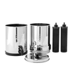 Stainless steel water filtration system with two black purification elements, featuring upper and lower chambers and a spigot, designed for clean water in emergency and travel use.