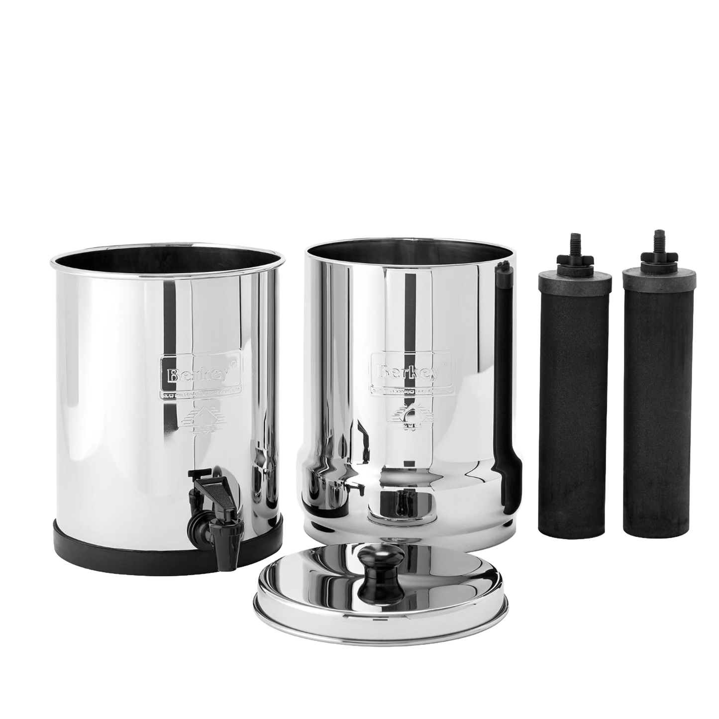 Stainless steel water filtration system with two black purification elements, featuring upper and lower chambers and a spigot, designed for clean water in emergency and travel use.