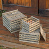 Set of handcrafted wooden crates with slatted sides and lids, filled with fresh eggs, designed for farm, garden, animal care, and chicken accessories use.