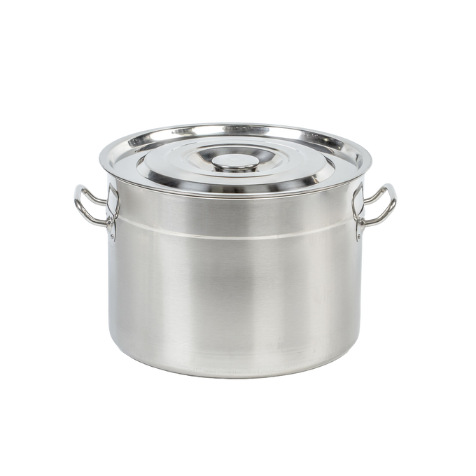 Heavy-duty stainless steel canner and stockpot with lid and side handles, designed for water bath canning, food preservation, and versatile kitchen use in pots and pans collections.