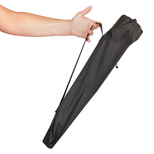 Hand holding black carrying case with shoulder strap for a compact four-legged folding camping stool, ideal for Farm, Garden & Tool, Camping, Best Sellers, Promo Eligible, and Sale collections.