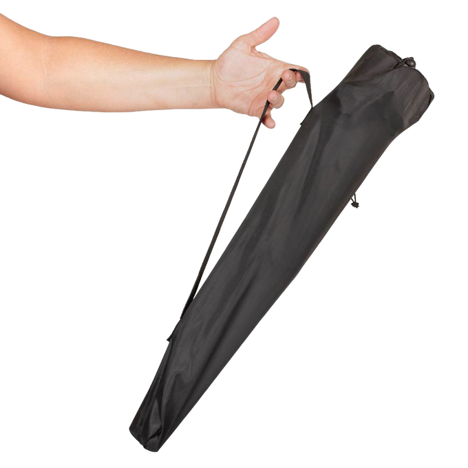 Hand holding black carrying case with shoulder strap for a compact four-legged folding camping stool, ideal for Farm, Garden & Tool, Camping, Best Sellers, Promo Eligible, and Sale collections.