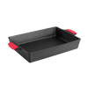 Seasoned cast iron casserole pan featuring dual red silicone handle covers for safe grip, designed for even heating and durability, ideal for Kitchen & Food, Cookware, Cast Iron, USA Made, Best Sellers, and Promo Eligible collections.