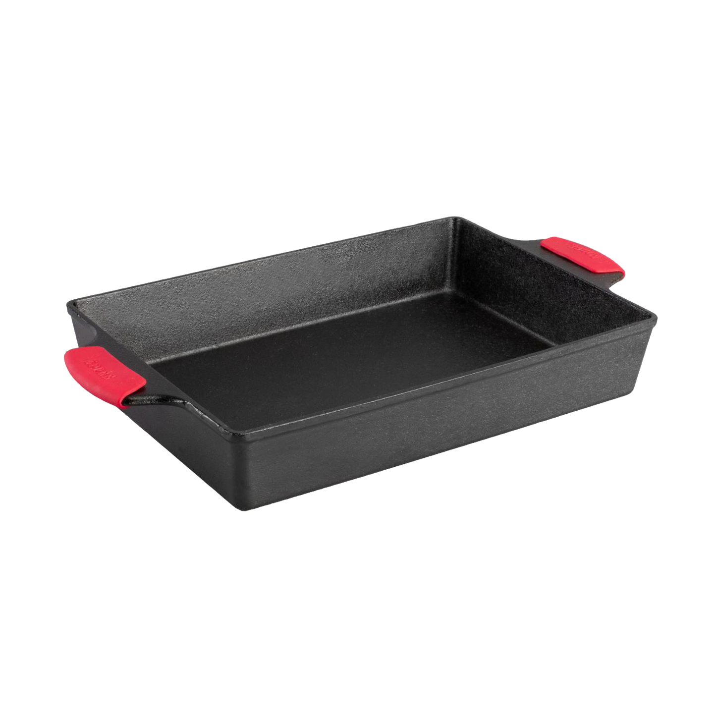 Seasoned cast iron casserole pan featuring dual red silicone handle covers for safe grip, designed for even heating and durability, ideal for Kitchen & Food, Cookware, Cast Iron, USA Made, Best Sellers, and Promo Eligible collections.