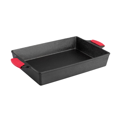 Seasoned cast iron casserole pan featuring dual red silicone handle covers for safe grip, designed for even heating and durability, ideal for Kitchen & Food, Cookware, Cast Iron, USA Made, Best Sellers, and Promo Eligible collections.