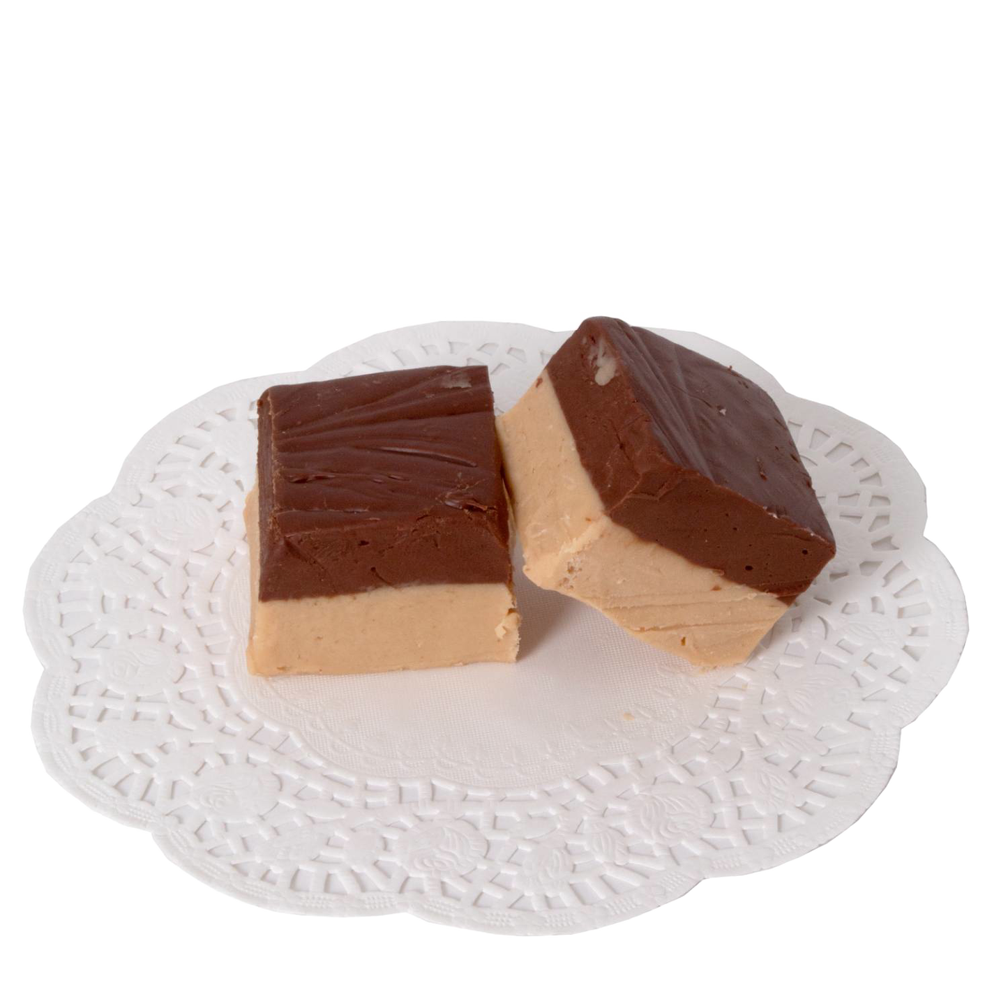 Two handcrafted pieces of creamy two-tone fudge with rich chocolate tops and light brown bottoms, presented on a delicate white lace paper, ideal for snacks and sweets collections.