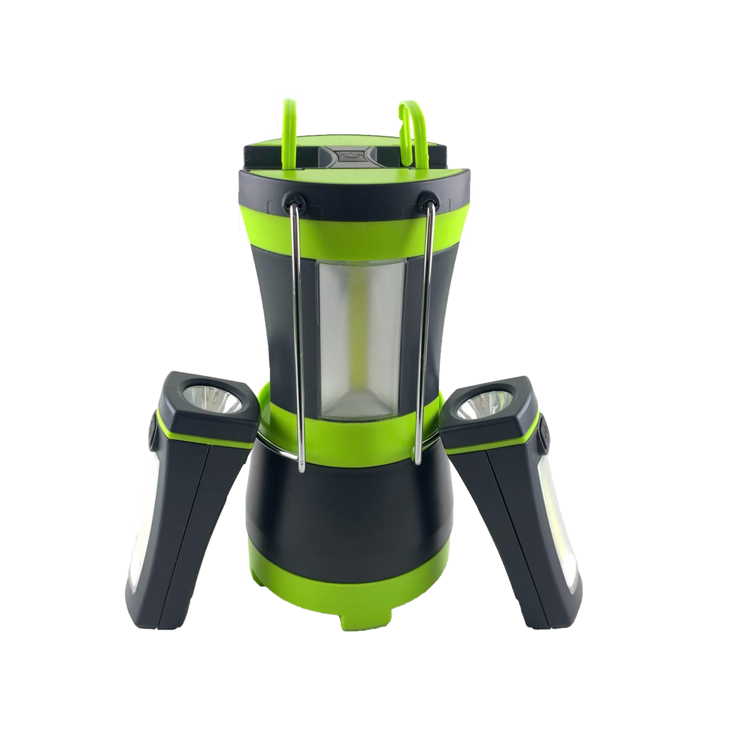 Black and green LED lantern with detachable side flashlights and metal handles, designed for versatile use in camping, emergency supplies, and outdoor battery-powered lighting collections.