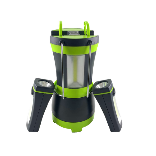 Black and green LED lantern with detachable side flashlights and metal handles, designed for versatile use in camping, emergency supplies, and outdoor battery-powered lighting collections.
