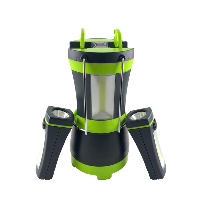 Black and green LED lantern with detachable side flashlights and metal handles, designed for versatile use in camping, emergency supplies, and outdoor battery-powered lighting collections.