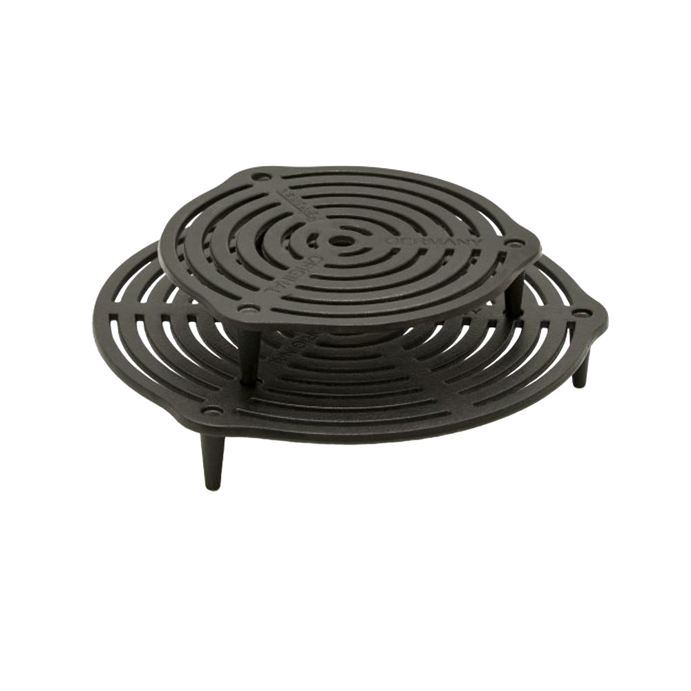 Stackable cast iron grate with raised legs for optimal heat circulation, ideal for multi-level cooking in Dutch ovens, featured in Farm, Garden & Tool, Kitchen & Food, Camping, Cookware, Cast Iron, and Best Sellers collections.