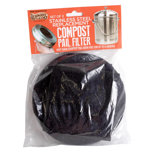 Two black replacement compost filters made from charcoal material, designed to fit stainless steel compost pails, ideal for Farm, Garden & Tool and Kitchen Accessories collections.