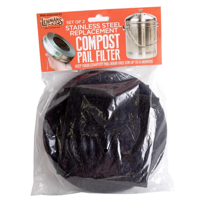 Two black replacement compost filters made from charcoal material, designed to fit stainless steel compost pails, ideal for Farm, Garden & Tool and Kitchen Accessories collections.