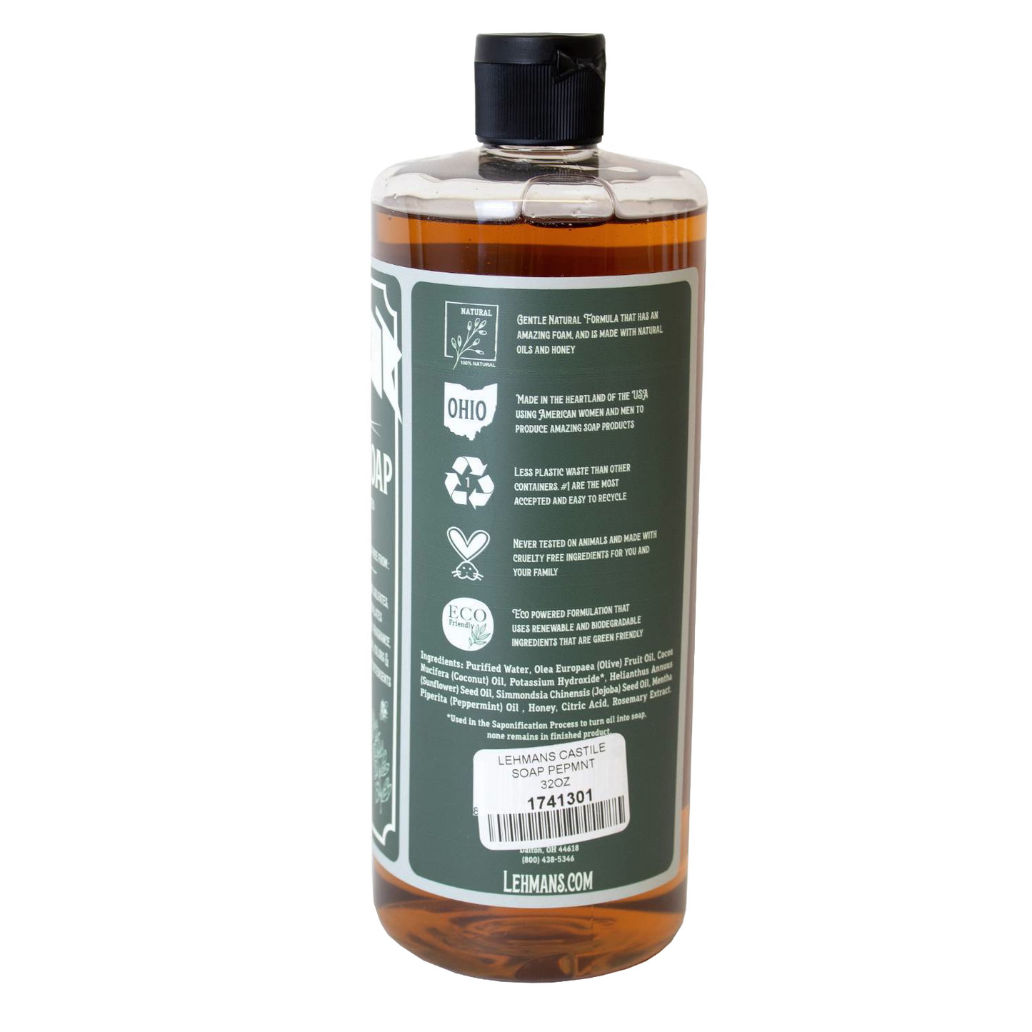 Amber bottle of handcrafted concentrated castile soap with eco-friendly icons and natural plant-based ingredients, highlighting USA made quality for health, grooming, and soapmaking collections.