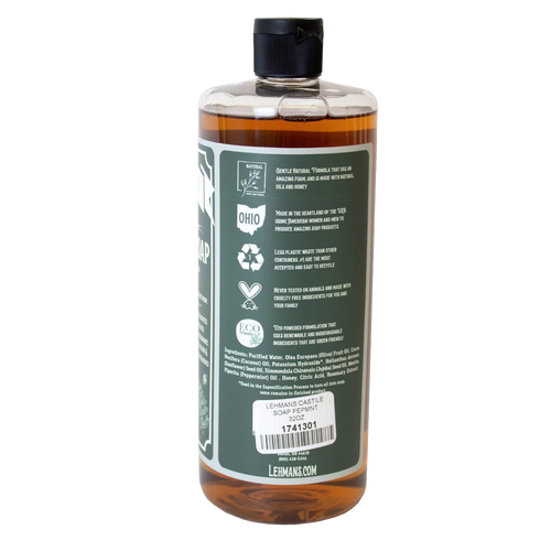 Amber bottle of handcrafted concentrated castile soap with eco-friendly icons and natural plant-based ingredients, highlighting USA made quality for health, grooming, and soapmaking collections.
