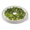 Round flexible drying screen placed on dehydrator tray with fresh herbs arranged on top, designed to prevent small food items from falling through, ideal for kitchen and food preservation use.