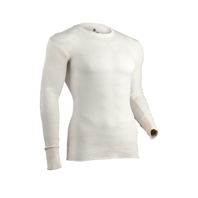 Cream-colored circular waffle knit long-sleeve thermal shirt designed for cold weather layering, handcrafted for health and wellness in clothing and accessories.