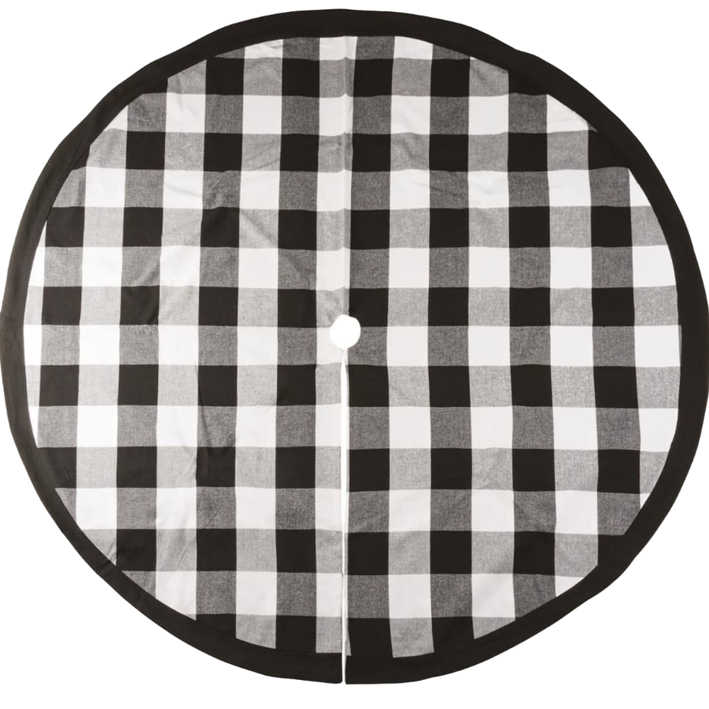Handcrafted buffalo check tree skirt in classic black and white pattern with a soft cotton blend, designed to create a cozy rustic backdrop for holiday decor in Home & Decor, Holiday Decor, Best Sellers, and Promo Eligible collections.
