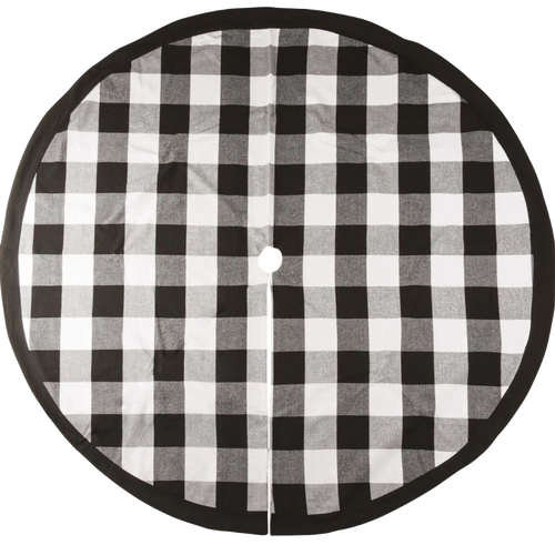 Handcrafted buffalo check tree skirt in classic black and white pattern with a soft cotton blend, designed to create a cozy rustic backdrop for holiday decor in Home & Decor, Holiday Decor, Best Sellers, and Promo Eligible collections.