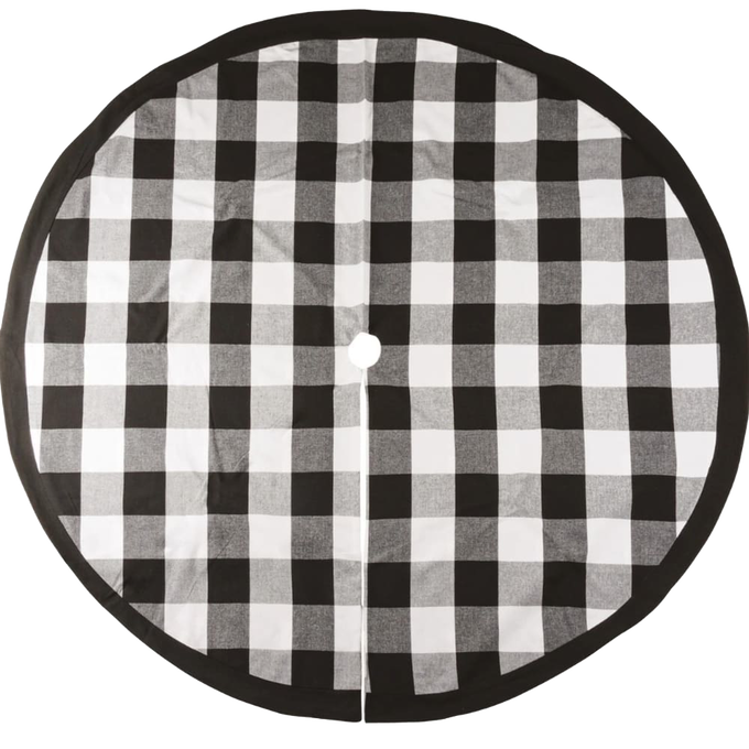 Handcrafted buffalo check tree skirt in classic black and white pattern with a soft cotton blend, designed to create a cozy rustic backdrop for holiday decor in Home & Decor, Holiday Decor, Best Sellers, and Promo Eligible collections.