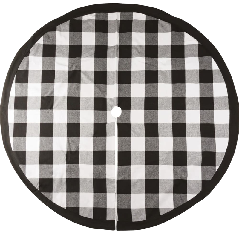 Handcrafted buffalo check tree skirt in classic black and white pattern with a soft cotton blend, designed to create a cozy rustic backdrop for holiday decor in Home & Decor, Holiday Decor, Best Sellers, and Promo Eligible collections.