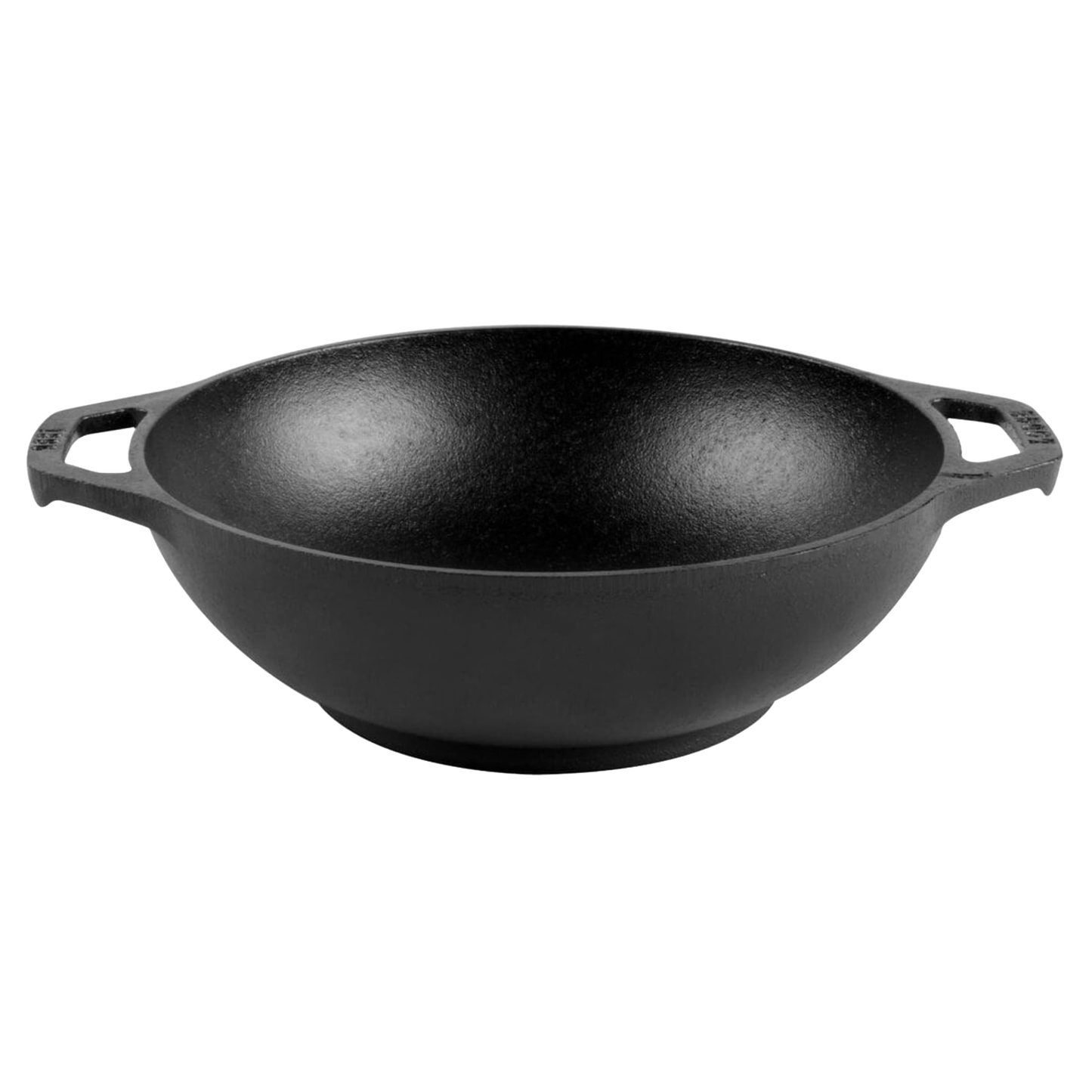 Handcrafted cast iron mini wok with flat bottom and sloped sides, featuring loop handles, pre-seasoned for nonstick cooking, part of USA made cookware and kitchen collections.