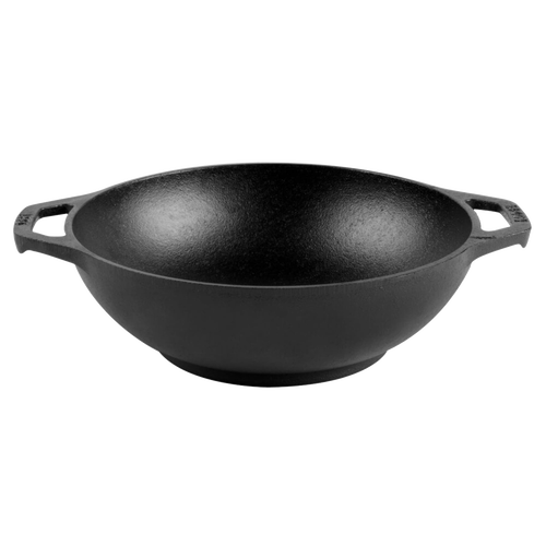 Handcrafted cast iron mini wok with flat bottom and sloped sides, featuring loop handles, pre-seasoned for nonstick cooking, part of USA made cookware and kitchen collections.